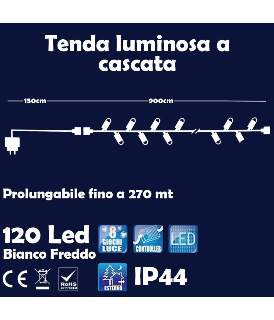 Catena Luminosa Natalizia 100led Bianco Freddo Con Flash 9mt Esterno Prolungabil         