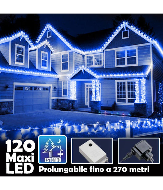 Catena Luminosa Natalizia 120 Led Luce Blu Con Flash 9mt Esterno Prolungabile         