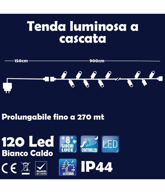 Catena Luminosa Natalizia 120led Bianco Caldo Con Flash 9mt Esterno Prolungabile         
