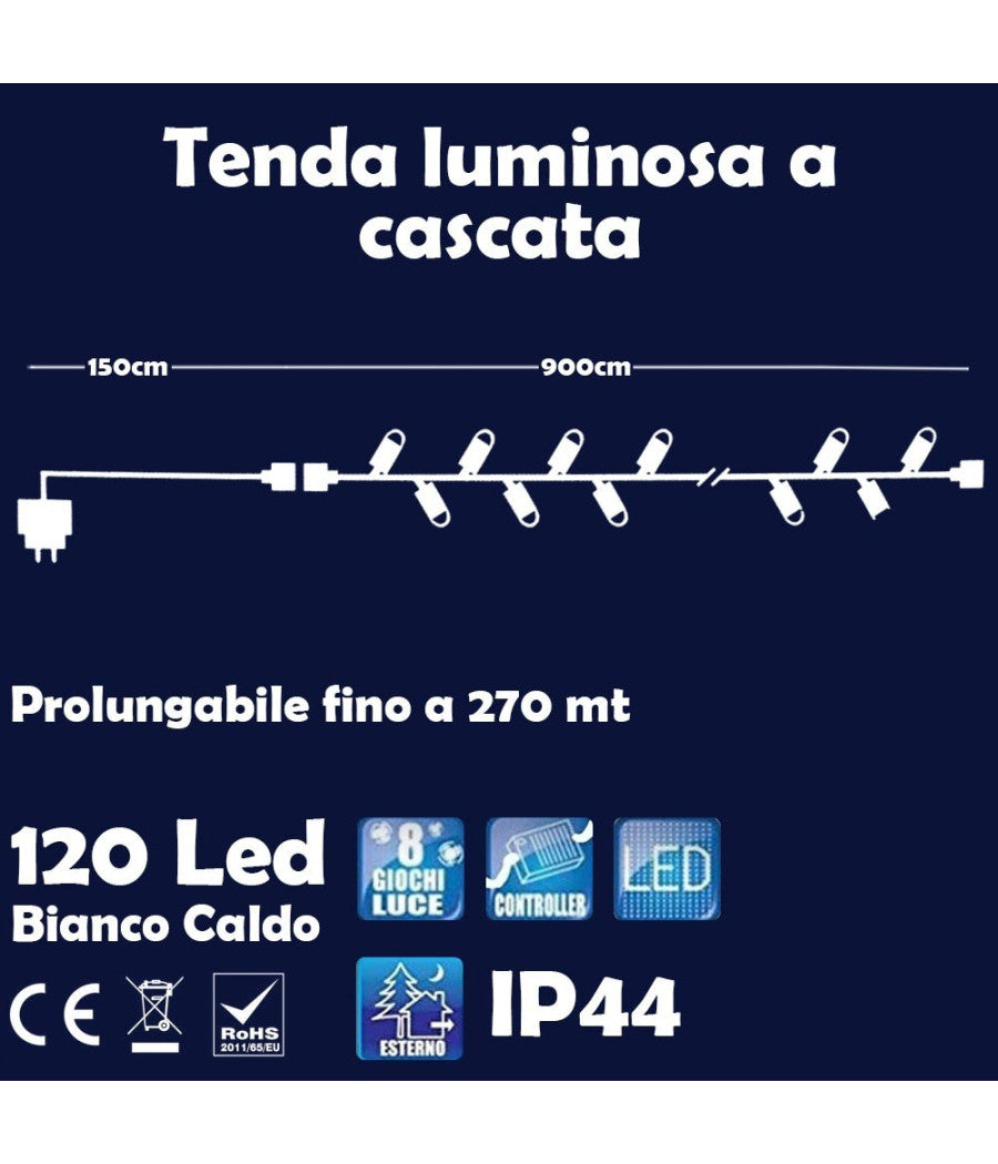 Catena Luminosa Natalizia 120led Bianco Caldo Con Flash 9mt Esterno Prolungabile         