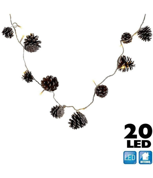 Catena Luminosa Pigne Natalizie 20 Led Colore Bianco Caldo Cavo 3 Mt Decorazioni         