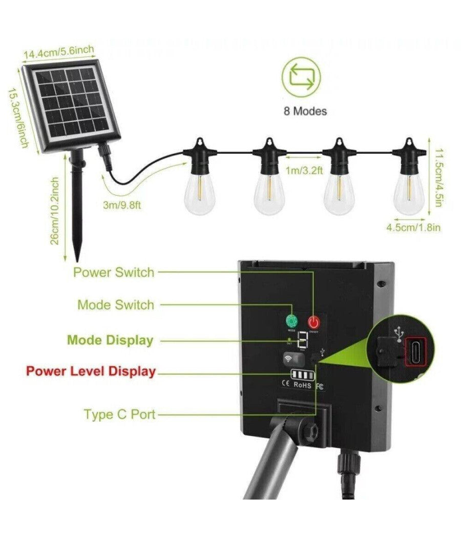 Catena Luminosa Solare Da Esterno Giardino 10 Mt 10 Lampadine Luce Rgb Mz-lxy         