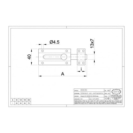 Catenaccio chiavistello da 12cm trasversale tropicalizzato
