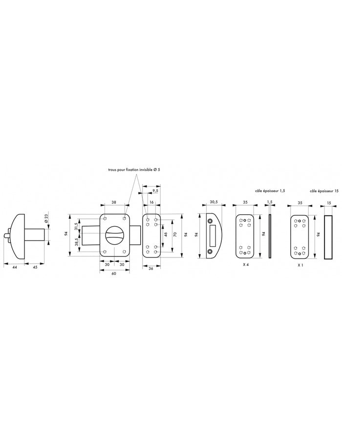 Catenaccio con pomolo per porta d'ingresso, cilindro Ø23x45mm, argento, 3 chiavi - Serrurerie de Picardie