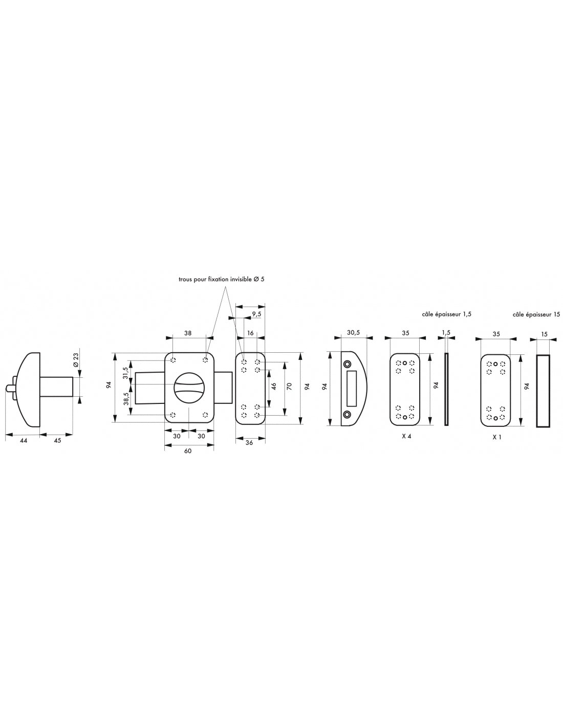 Catenaccio con pomolo per porta d'ingresso, cilindro Ø23x45mm, bronzo, 3 chiavi - Serrurerie de Picardie