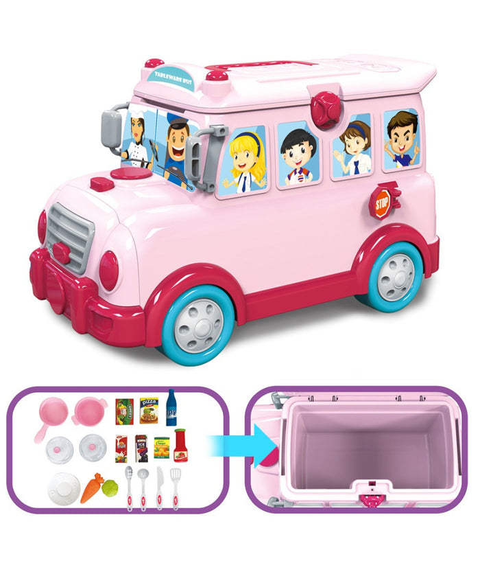 Cavalcabile Trolley Schoolbus Cucina Giocattolo Bambini 3in1 Luci Suoni Accessori         