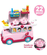 Cavalcabile Trolley Schoolbus Cucina Giocattolo Bambini 3in1 Luci Suoni Accessori         