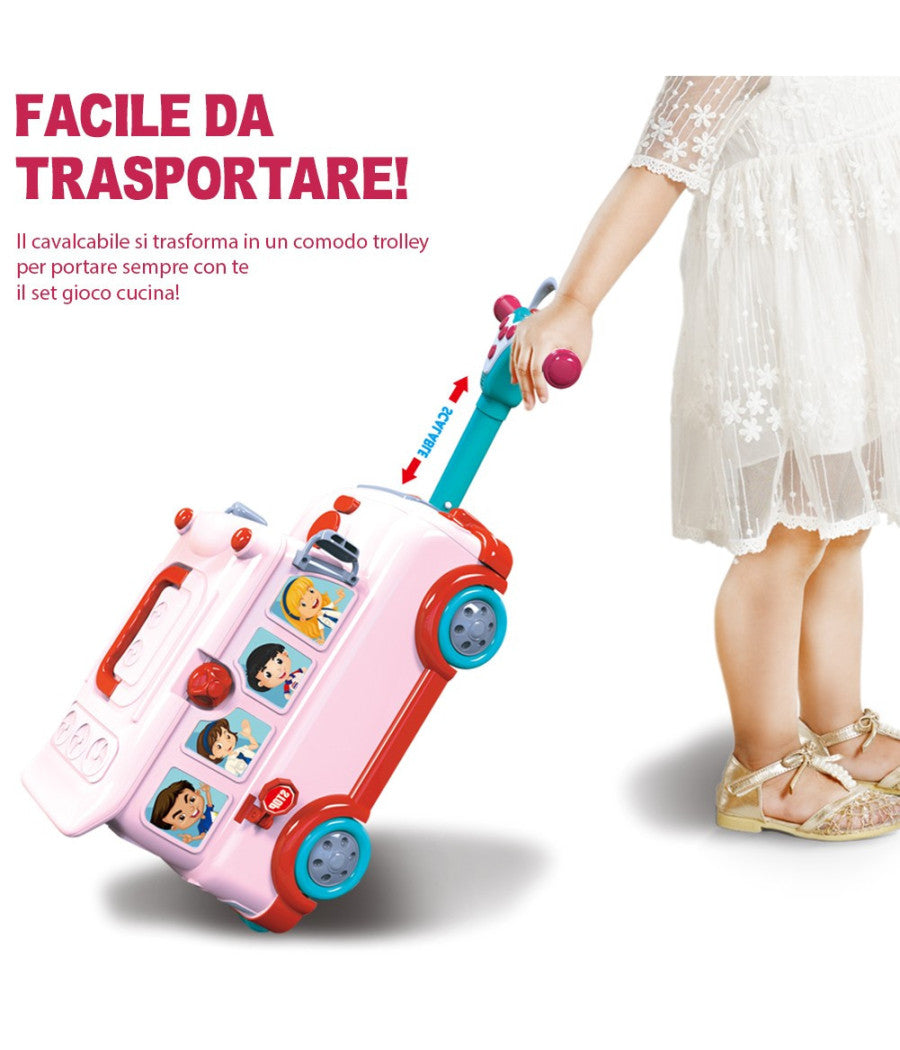 Cavalcabile Trolley Schoolbus Cucina Giocattolo Bambini 3in1 Luci Suoni Accessori         