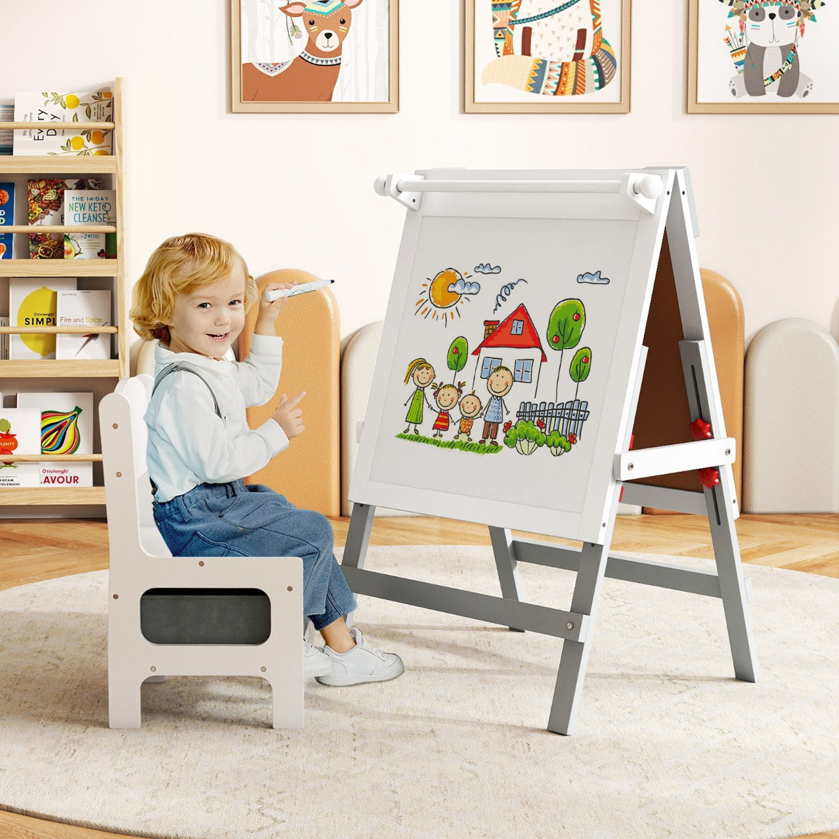 Cavalletto artistico doppia faccia per bambini con sedia contenitore, Cavalletto da disegno regolabile in altezza Grigio-Cavalletti e lavagne bambini