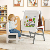 Cavalletto artistico doppia faccia per bambini con sedia contenitore, Cavalletto da disegno regolabile in altezza Grigio-Cavalletti e lavagne bambini