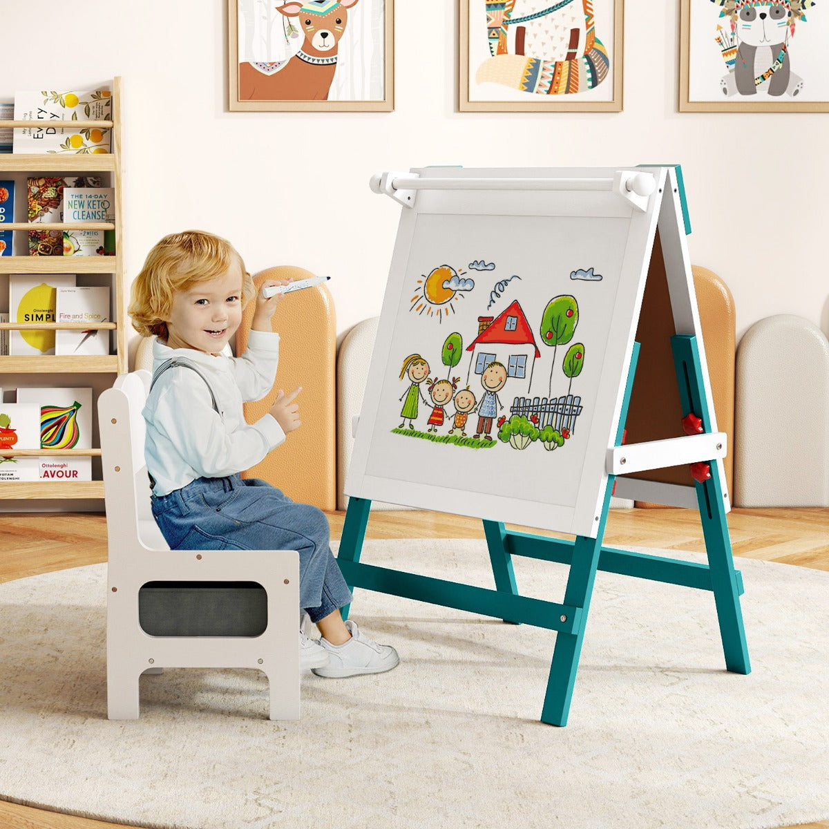 Cavalletto artistico doppia faccia per bambini con sedia contenitore, Cavalletto da disegno regolabile in altezza Verde-Cavalletti e lavagne bambini