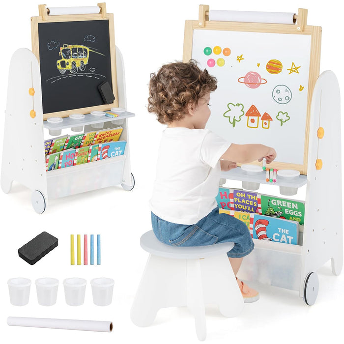 Cavalletto artistico per bambini con sgabello, Set tavolo attivit¨¤ 4-in-1 con lavagna magnetica e materiale artistico-Cavalletti e lavagne bambini