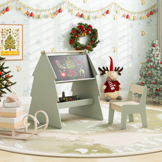 Cavalletto da disegno a forma di albero per bambini con sgabello, Set cavalletto a 2 lati e sedia con scaffale Verde-Cavalletti e lavagne bambini