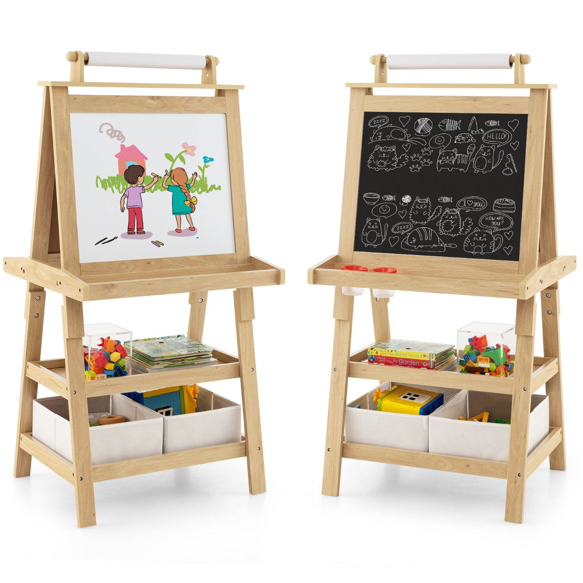 Cavalletto double face 3 in 1per bambini, Treppiede con lavagna bianca e nera e rotolo di carta Naturale-Cavalletti e lavagne bambini