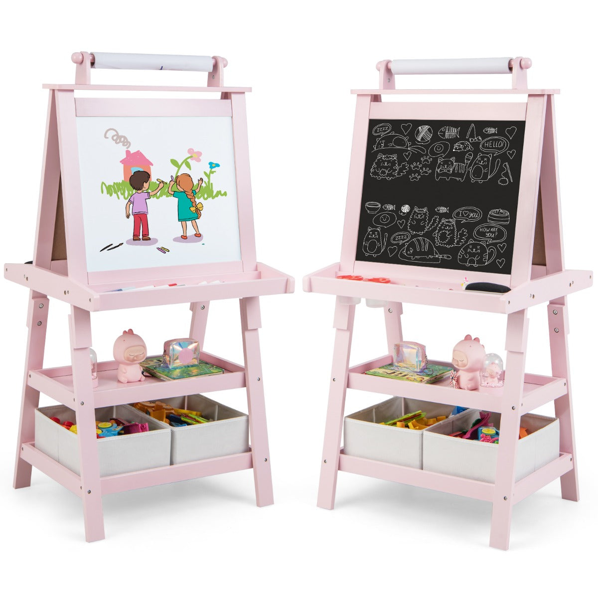 Cavalletto double face 3 in 1per bambini, Treppiede con lavagna bianca e nera e rotolo di carta Rosa-Cavalletti e lavagne bambini