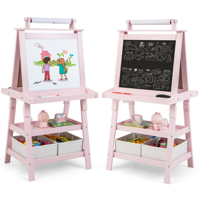 Cavalletto double face 3 in 1per bambini, Treppiede con lavagna bianca e nera e rotolo di carta Rosa-Cavalletti e lavagne bambini