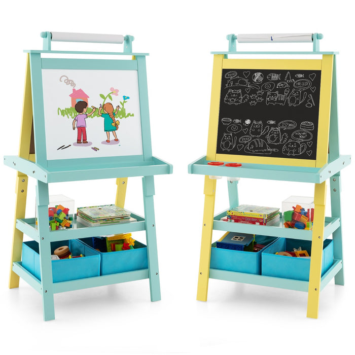 Cavalletto double face 3 in 1per bambini, Treppiede con lavagna bianca e nera e rotolo di carta Giallo e blu-Cavalletti e lavagne bambini