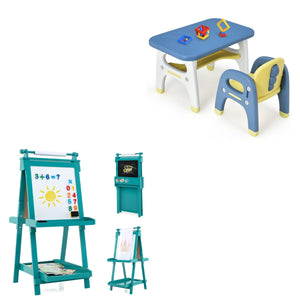 Set tavolo sedia dinosauro e cavalletto 3in1 bambini verde, Set dinosauro mensola blu e cavalletto pittura portaoggetti-Per i bambini