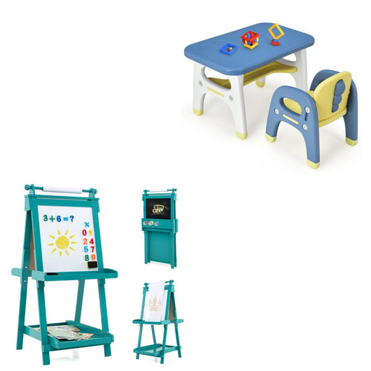 Set tavolo sedia dinosauro e cavalletto 3in1 bambini verde, Set dinosauro mensola blu e cavalletto pittura portaoggetti-Per i bambini