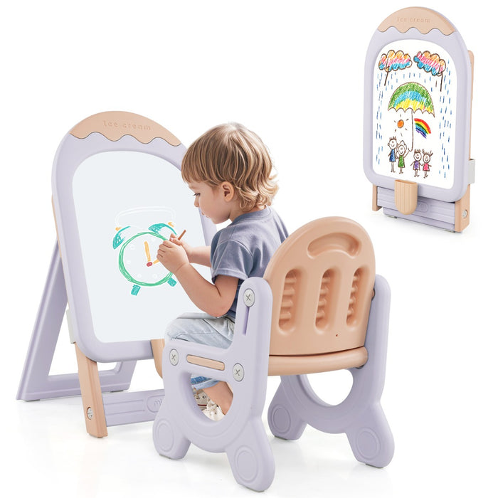 Cavalletto regolabile e pieghevole con lavagna e scatola portaoggetti, Cavalletto da disegno per bambini con sedia Viola-Cavalletti e lavagne bambini