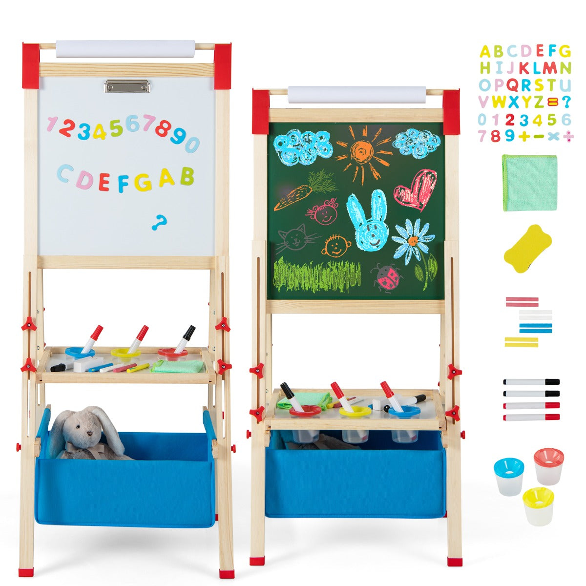 Cavalletto per bambini regolabile in altezza in legno, Cavalletto a doppio lato con rotolo di carta sostituibile-Cavalletti e lavagne bambini