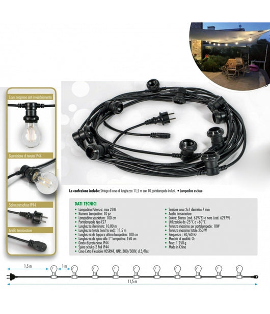 Cavo 10 Metri Con 10 Portalampada E27 Spina Schuko Per Esterno Cordoniera Gazebo         