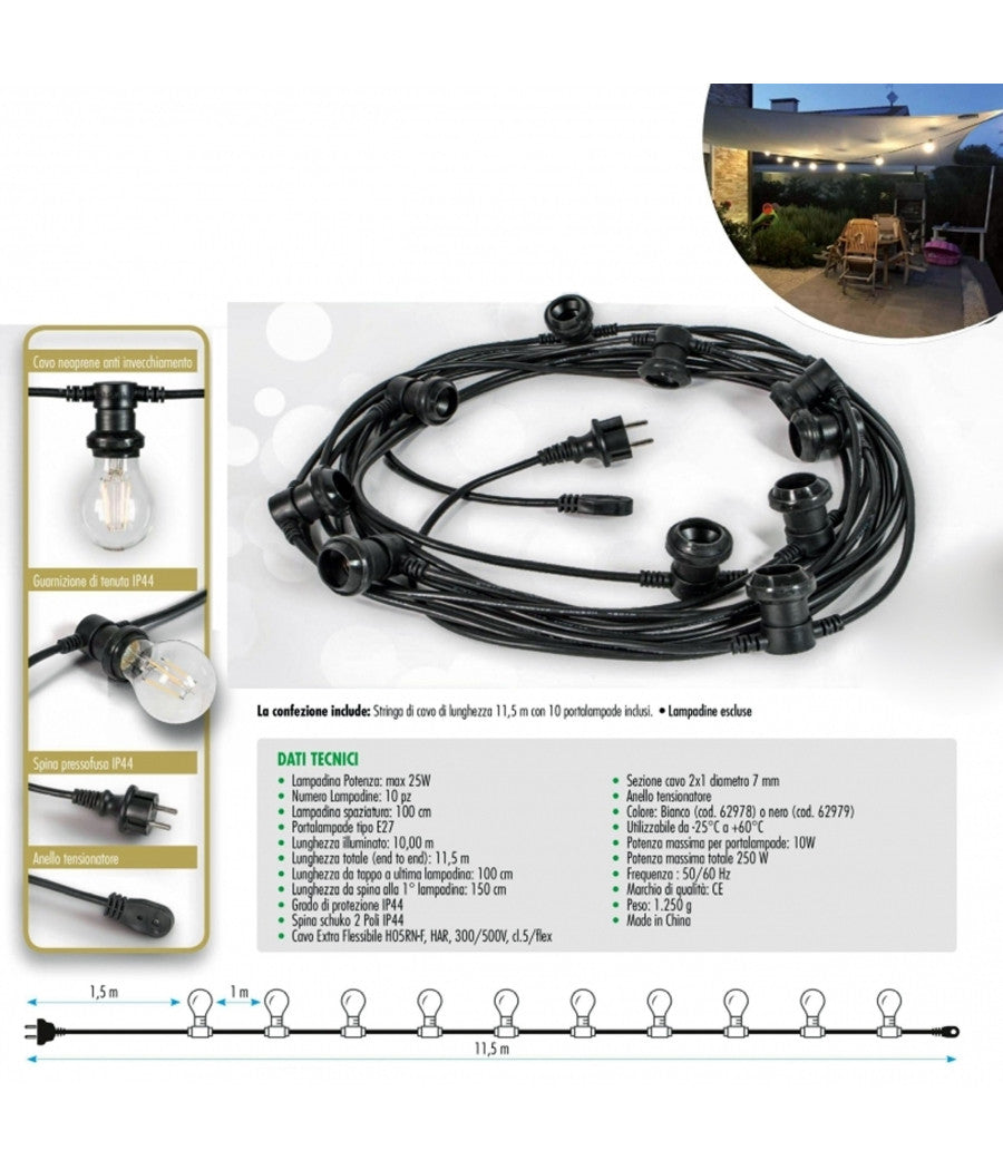 Cavo 10 Metri Con 10 Portalampada E27 Spina Schuko Per Esterno Cordoniera Gazebo         