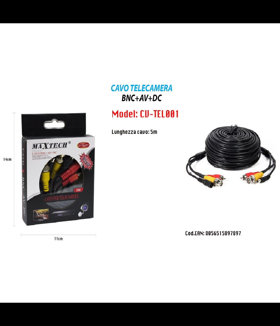 Cavo 5mt Per Telecamera Collegamento Dal Monitor Alla Camera Maxtech Cv-tel001         