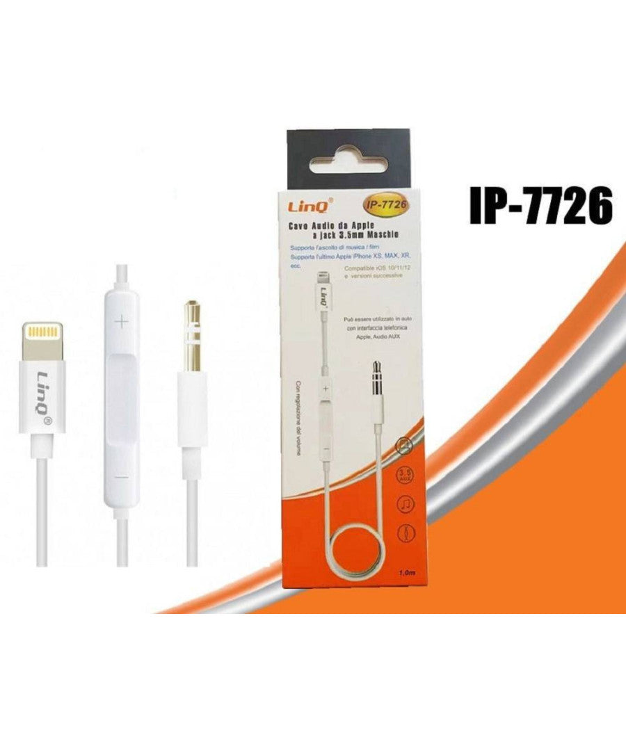 Cavo Adattatore Audio Da Lightning Iphone A Aux Jack 3,5mm Maschio 1mt Ip-7726         
