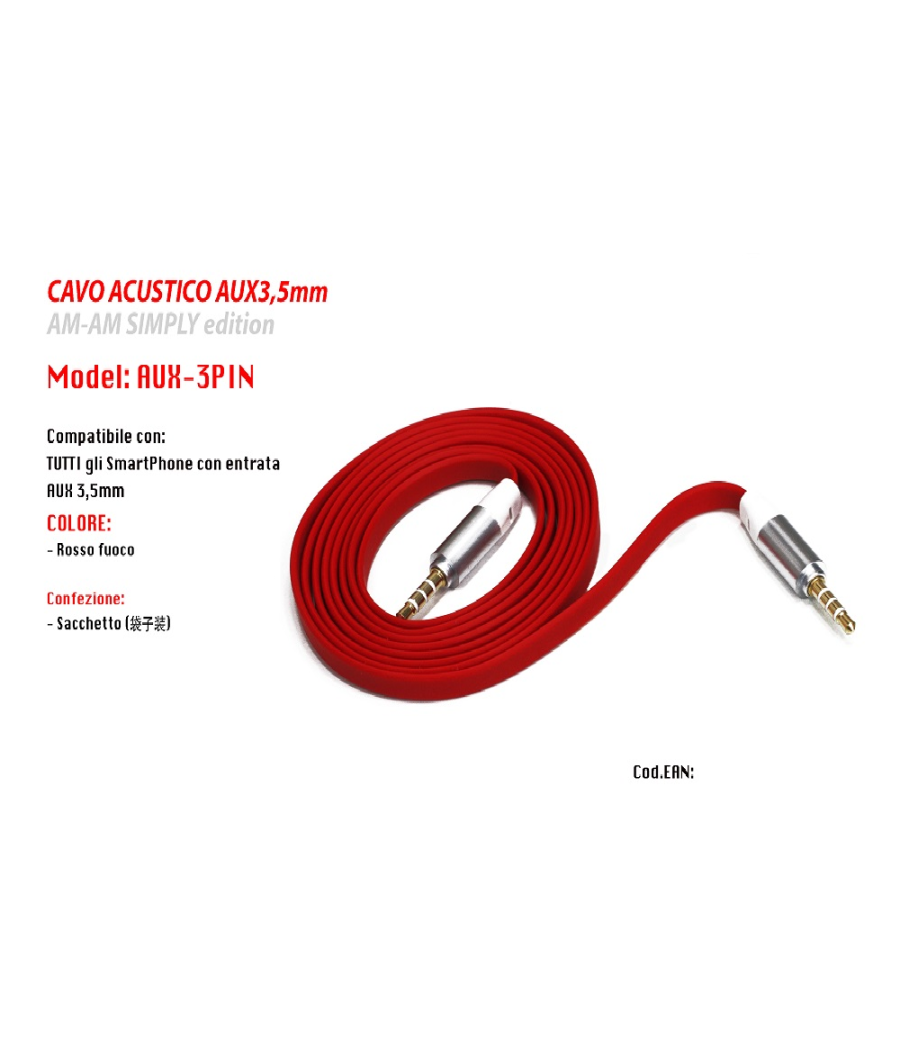 Cavo Audio Acustico Stereo Per Smartphone Aux Jack 3,5mm Am-am Maxtech Aux-3pin         