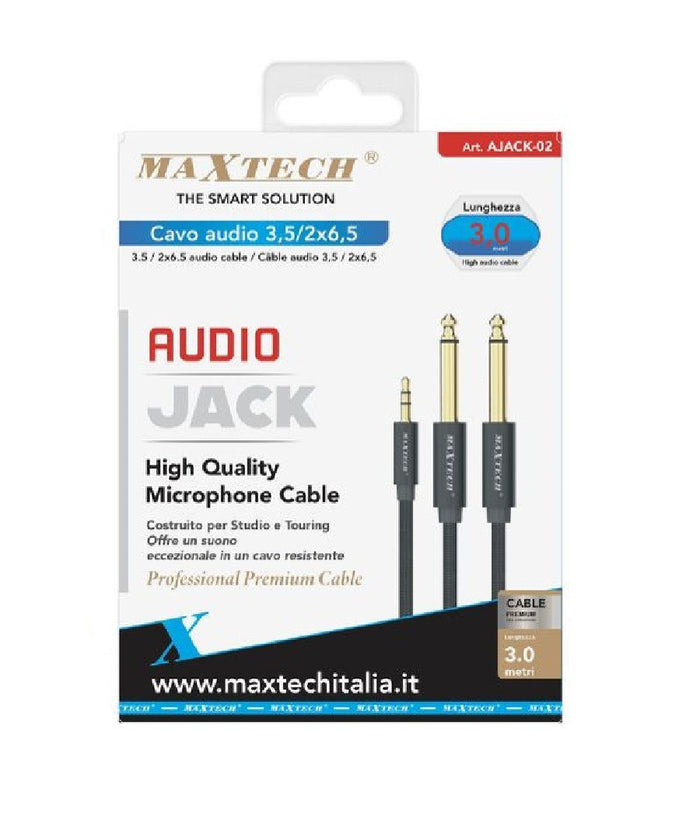 Cavo Audio Aux 3.5mm Maschio A Doppio Cavo Jack 6.5mm Maschio Mono 3 Mt Ajack-02         