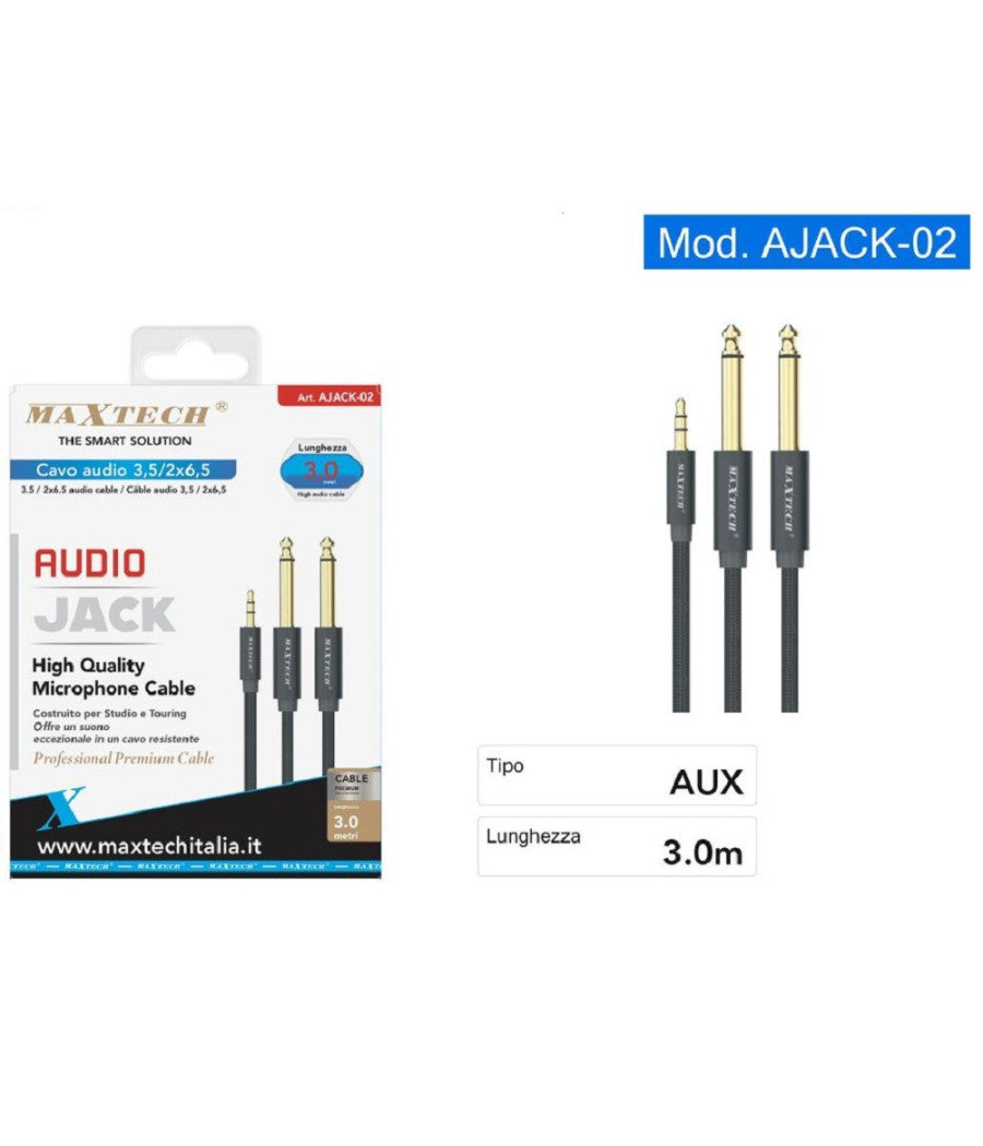 Cavo Audio Aux 3.5mm Maschio A Doppio Cavo Jack 6.5mm Maschio Mono 3 Mt Ajack-02         
