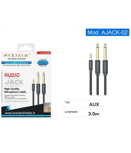 Cavo Audio Aux 3.5mm Maschio A Doppio Cavo Jack 6.5mm Maschio Mono 3 Mt Ajack-02         