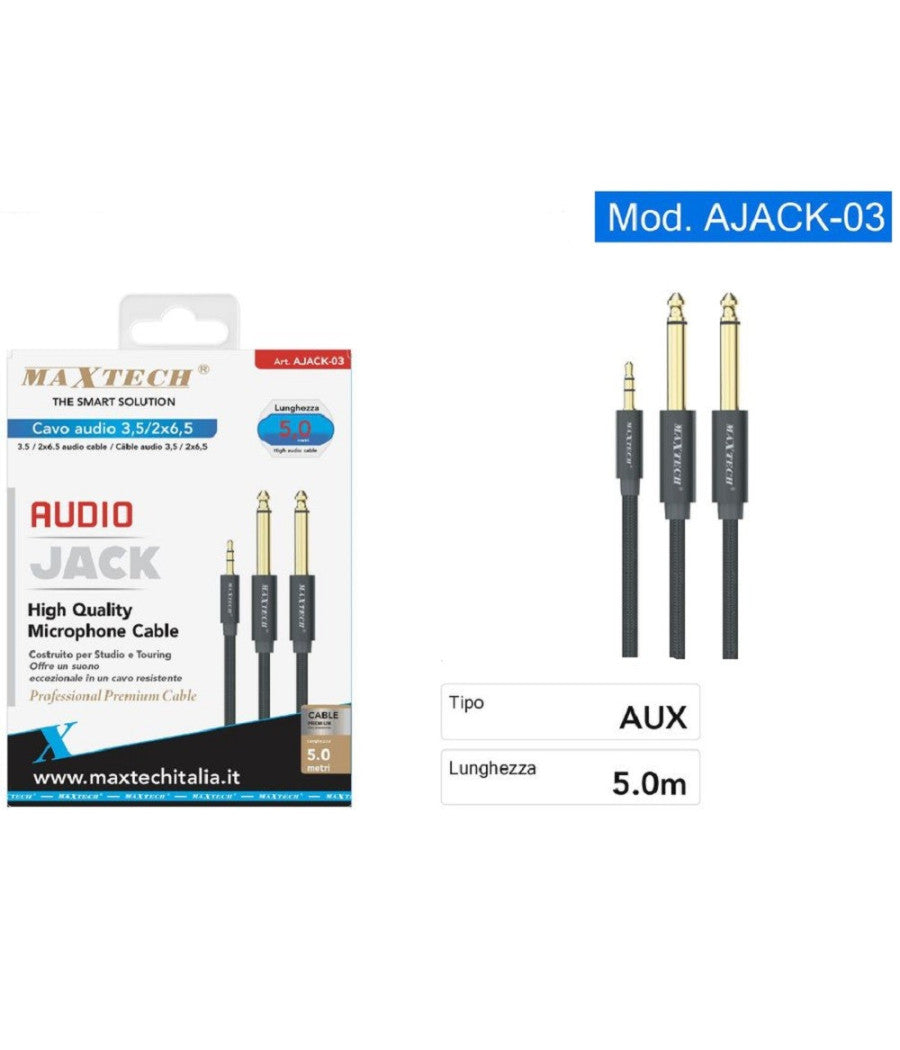 Cavo Audio Aux 3.5mm Maschio A Doppio Cavo Jack 6.5mm Maschio Mono 5mt Ajack-03         