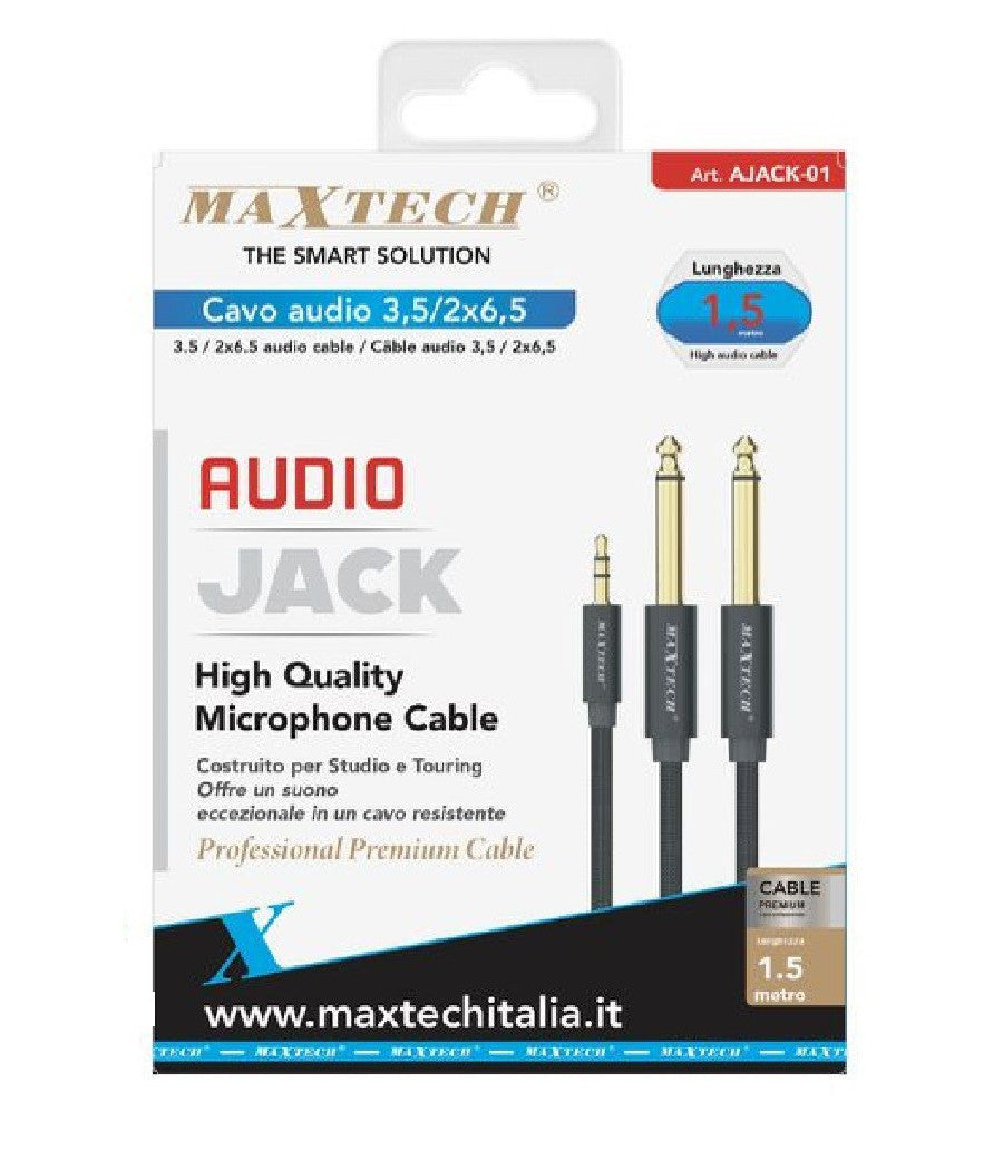 Cavo Audio Aux 3.5mm Maschio A Doppio Cavo Jack 6.5mm Maschio Mono Ajack-01 1.5mt         