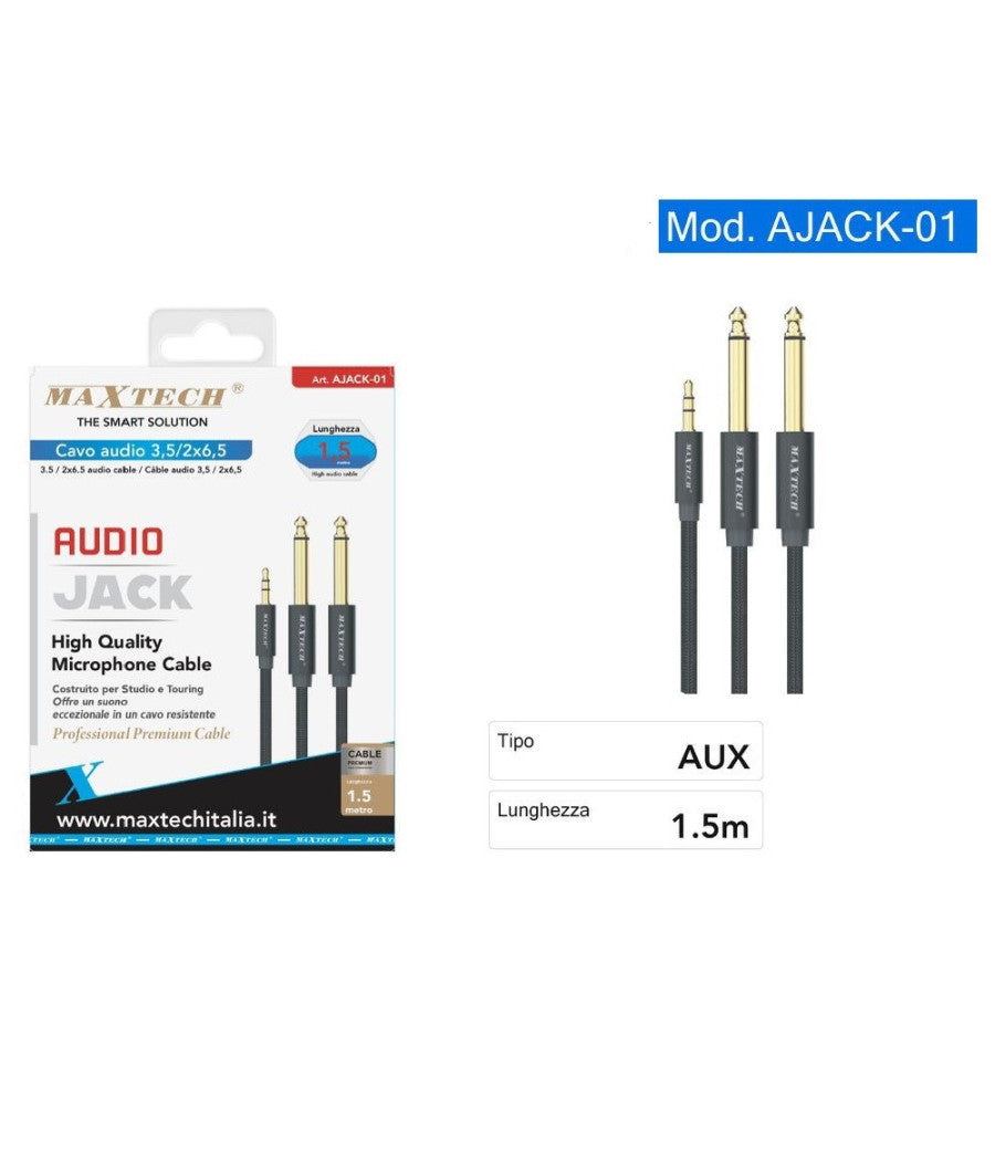 Cavo Audio Aux 3.5mm Maschio A Doppio Cavo Jack 6.5mm Maschio Mono Ajack-01 1.5mt         