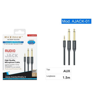 Cavo Audio Aux 3.5mm Maschio A Doppio Cavo Jack 6.5mm Maschio Mono Ajack-01 1.5mt         