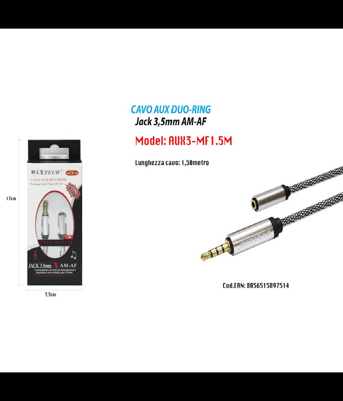 Cavo Audio Aux Duo-ring Prolunga Jack 3.5mm Am-af 1.5mt Smartphone Maxtech Aux3-mf1.5m         