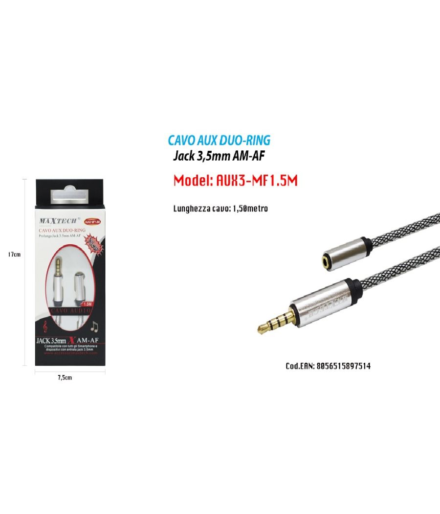 Cavo Audio Aux Duo-ring Prolunga Jack 3.5mm Am-af 1.5mt Smartphone Maxtech Aux3-mf1.5m         