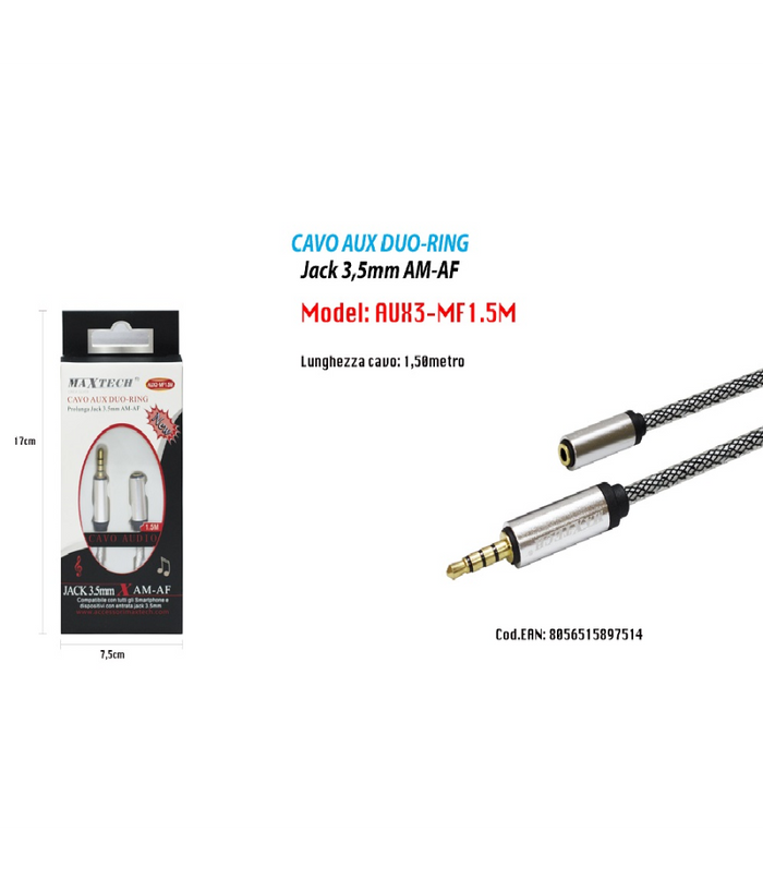 Cavo Audio Aux Duo-ring Prolunga Jack 3.5mm Am-af 1.5mt Smartphone Maxtech Aux3-mf1.5m         