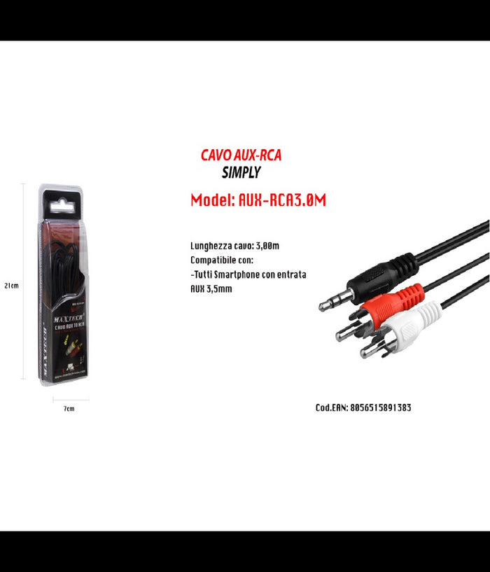 Cavo Audio Da Jack 3,5mm Aux A 2rca Maschio Doppio Stereo Prolunga 3mt Aux-r3.0m         