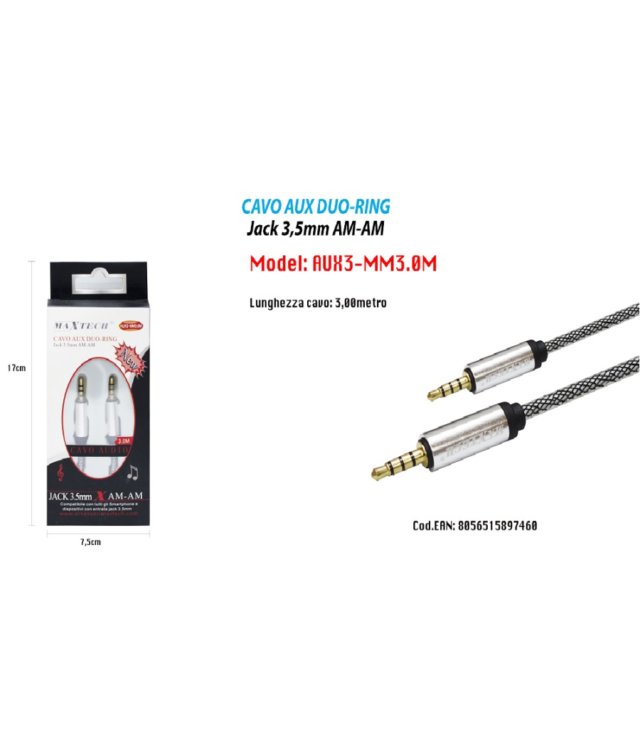 Cavo Audio Jack 3,5mm Maschio Am/am 3mt Prolunga Aux Cuffie Smartphone Maxtech Aux3-mm3.0m         