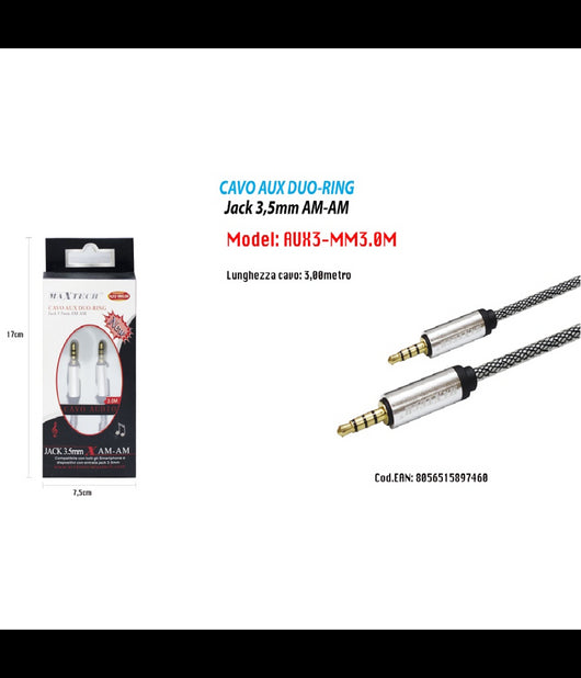 Cavo Audio Jack 3,5mm Maschio Am/am 3mt Prolunga Aux Cuffie Smartphone Maxtech Aux3-mm3.0m         