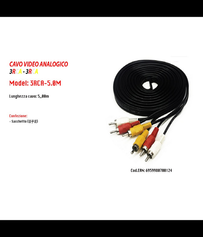 Cavo Audio Video Analogico Prolunga Da 5 Metri 3 Rca-3rca Maschio Maschio         