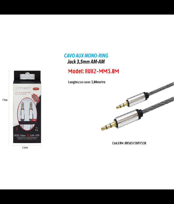 Cavo Aux 3mt Audio Jack 3,5mm Am/am Prolunga Aux Per Smartphone Maxtech Aux2-mm3.0m         
