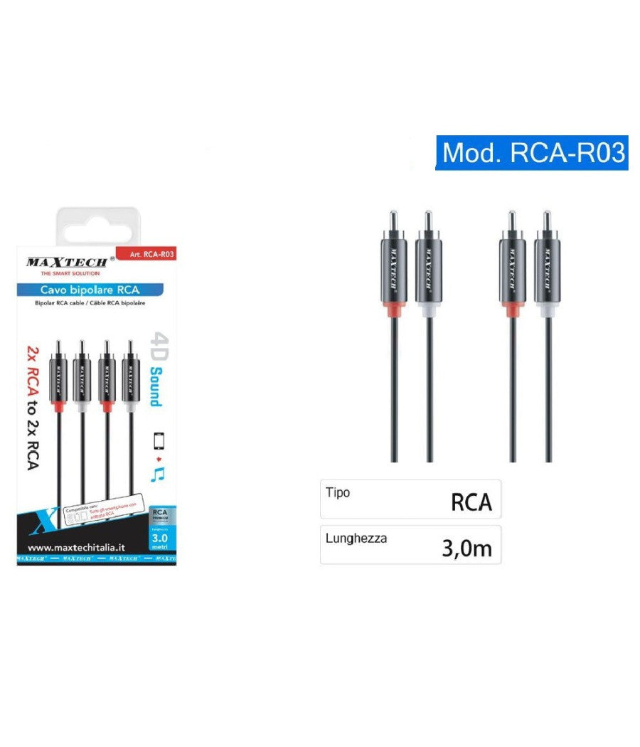 Cavo Bipolare Rca Audio Video Stereo 2 X Rca Maschio/maschio Da 3 Metri Rca-r03         