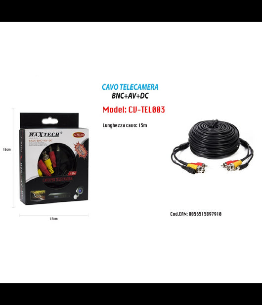 Cavo Bnc Telecamere Videosorveglianza Alimentazione 15 Mt Maxtech Cv-tel003         