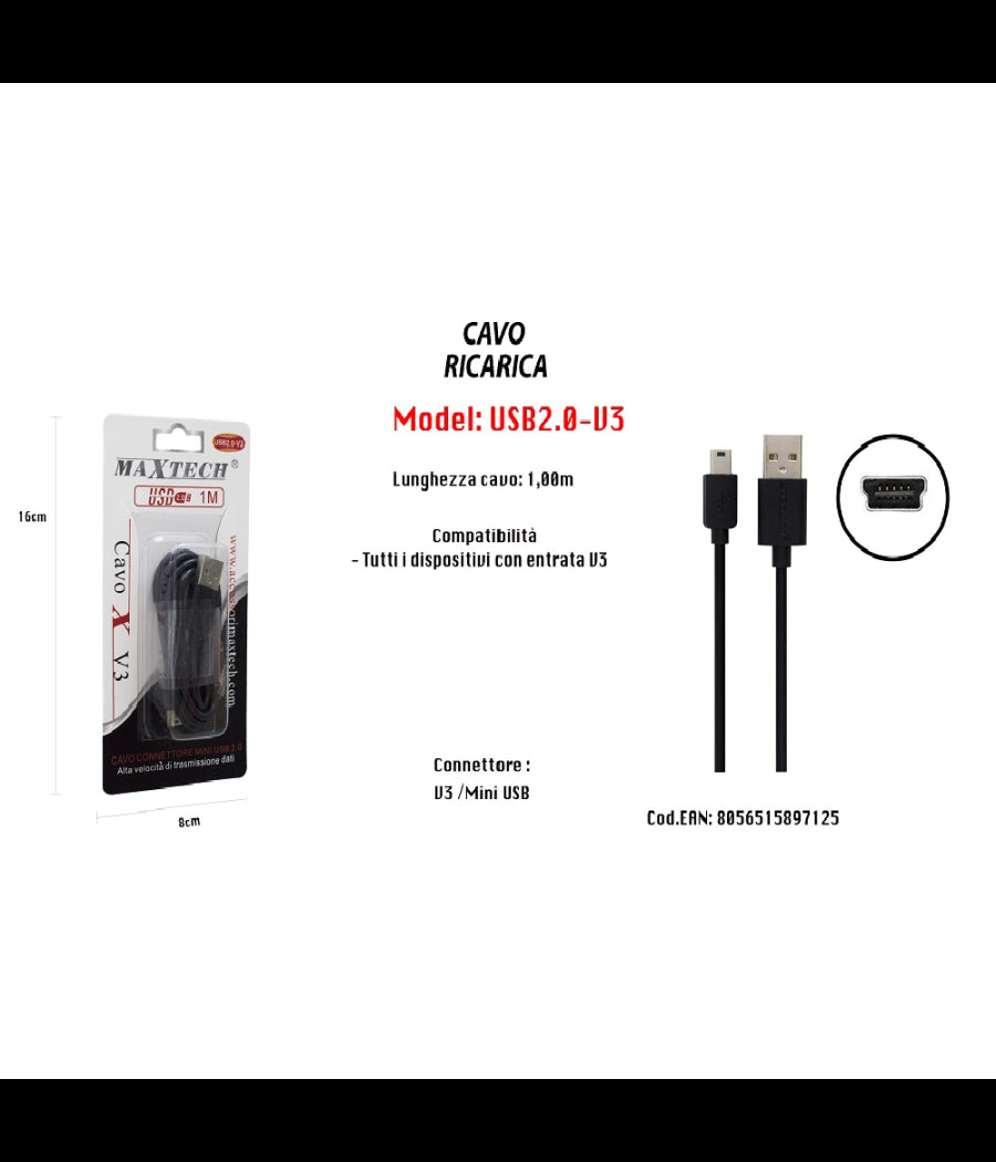 Cavo Caricabatteria Caricatore Ricarica Usb Con Entrata V3 1mt Maxtech Usb2.0-v3         
