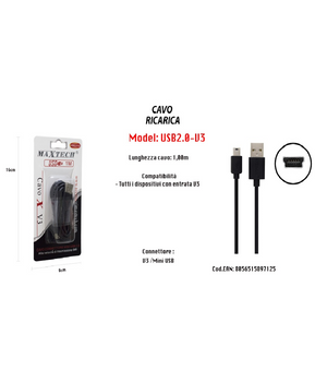 Cavo Caricabatteria Caricatore Ricarica Usb Con Entrata V3 1mt Maxtech Usb2.0-v3         