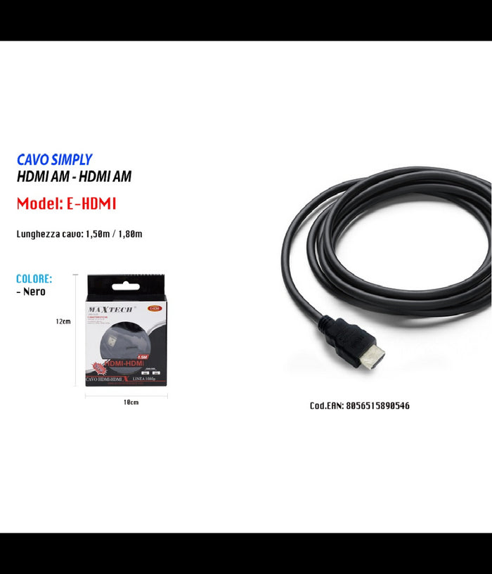 Cavo Cavetto Cavi Hdmi Video 1.8 Metri 1080p Schermato Hdmi Am-am Maxtech E-hdmi         